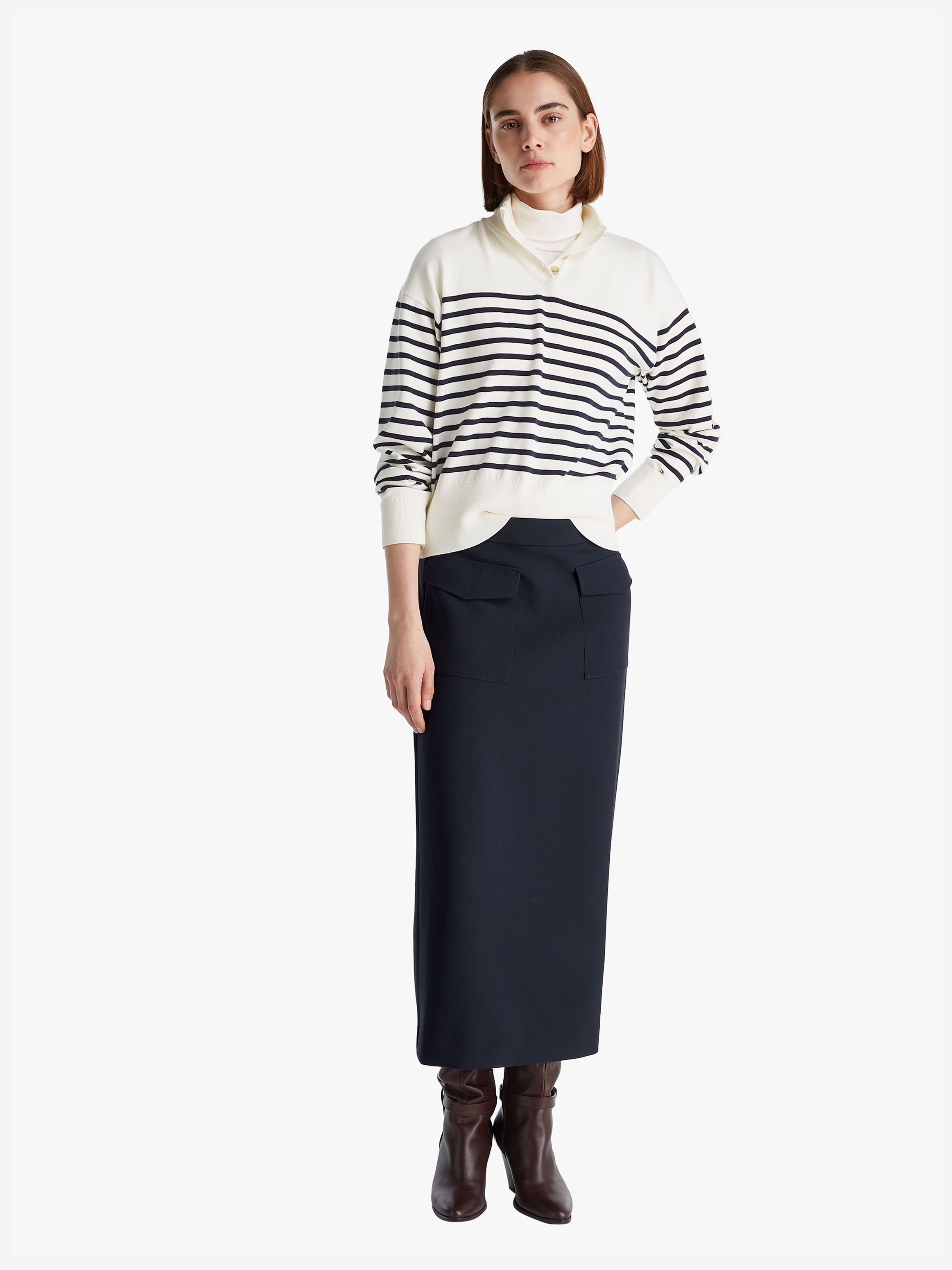 Stripe Gold-Tone Button Mock Neck Jumper