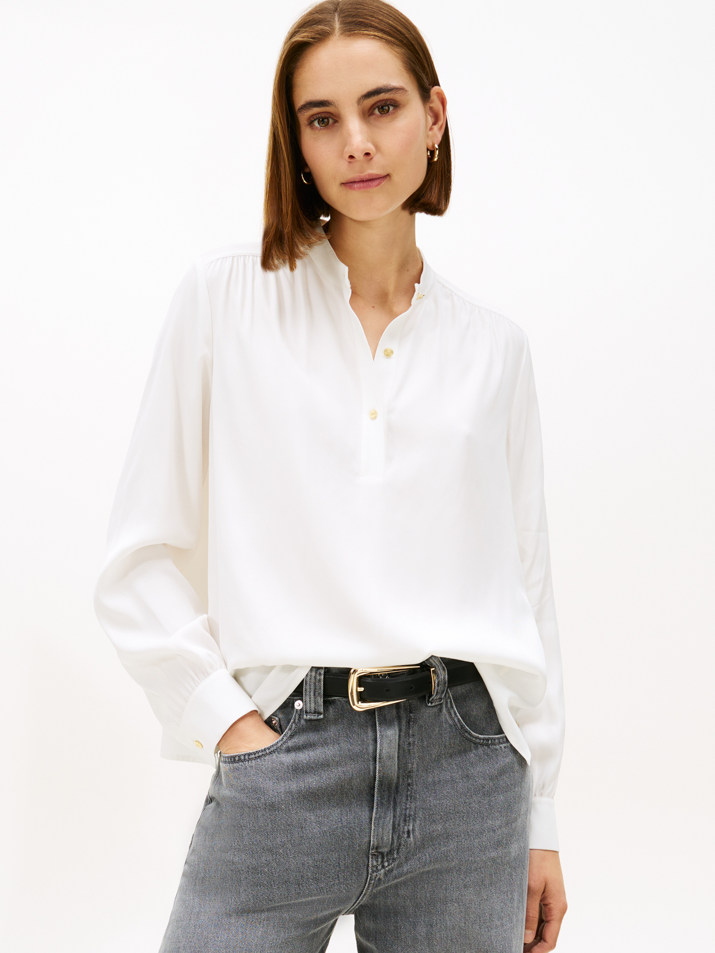 Gold-Tone Button Relaxed Twill Blouse