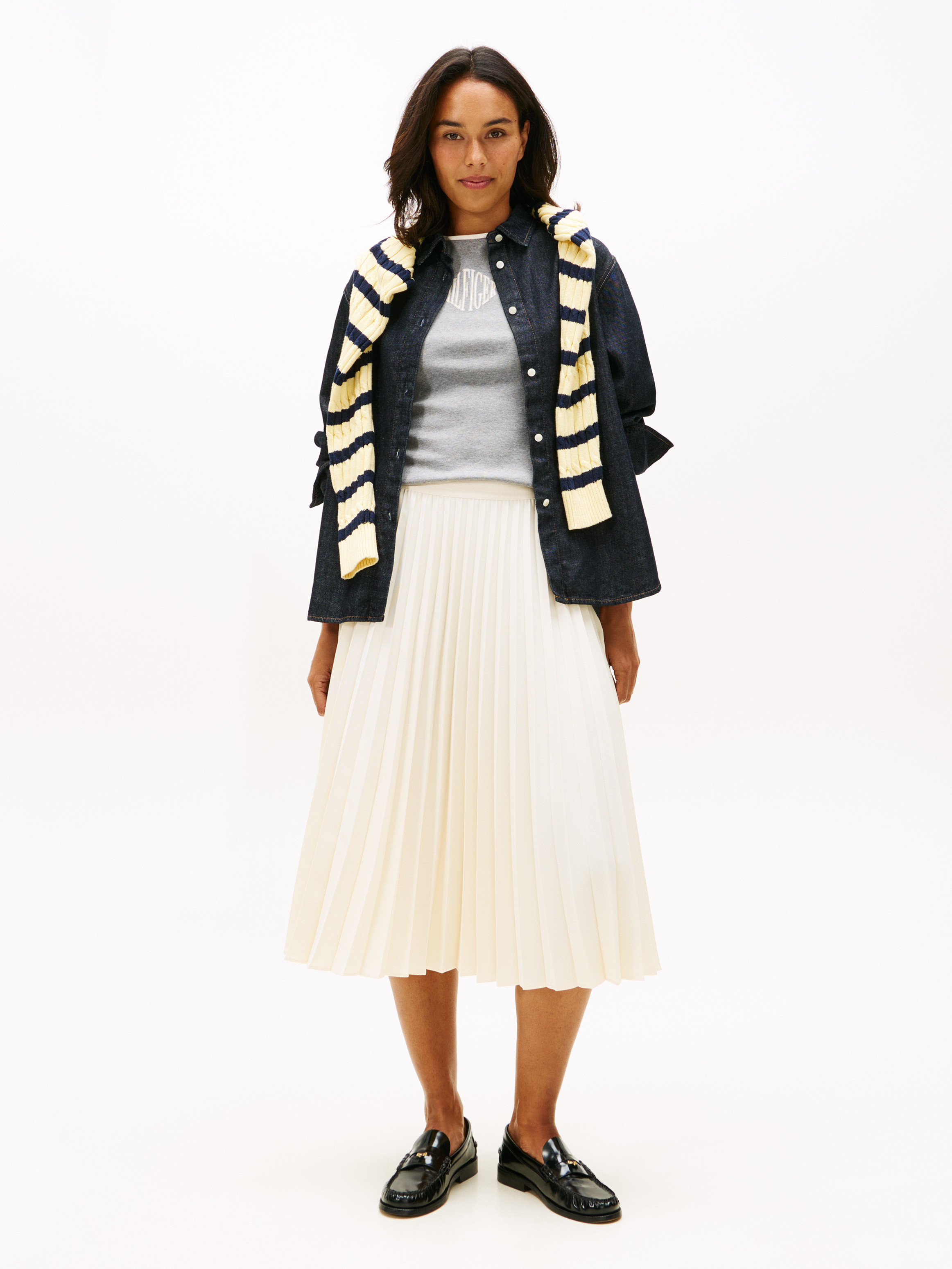 Pleated Twill Midi Skirt
