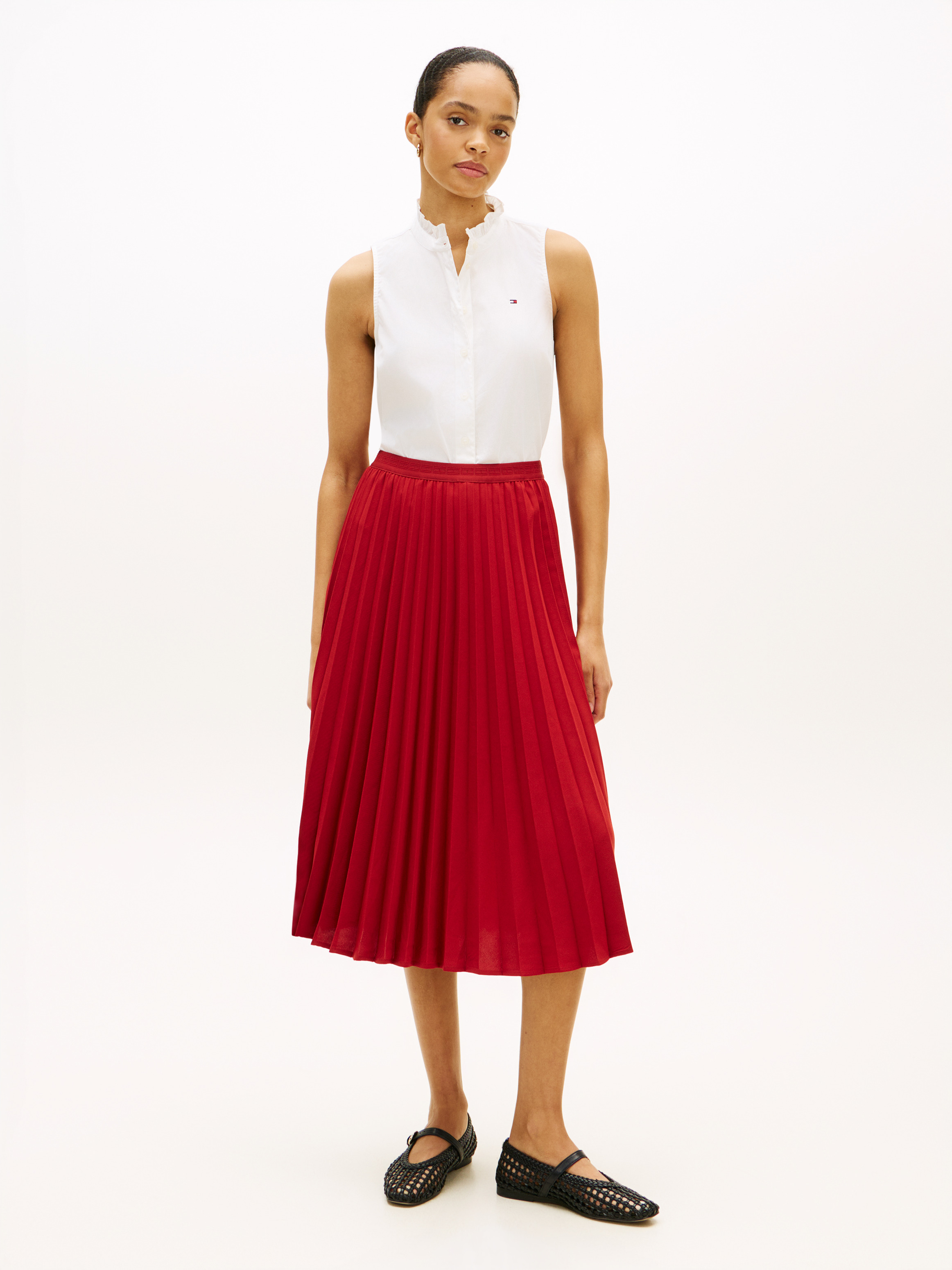 Tonal Flag Waistband Pleated Midi Skirt