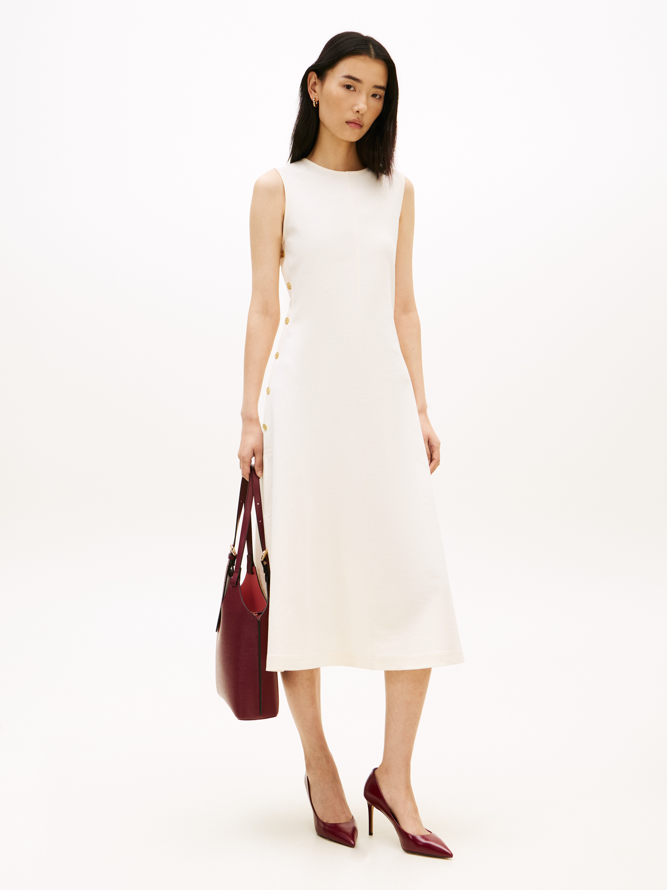 Gold-Tone Button Sleeveless Midi Dress