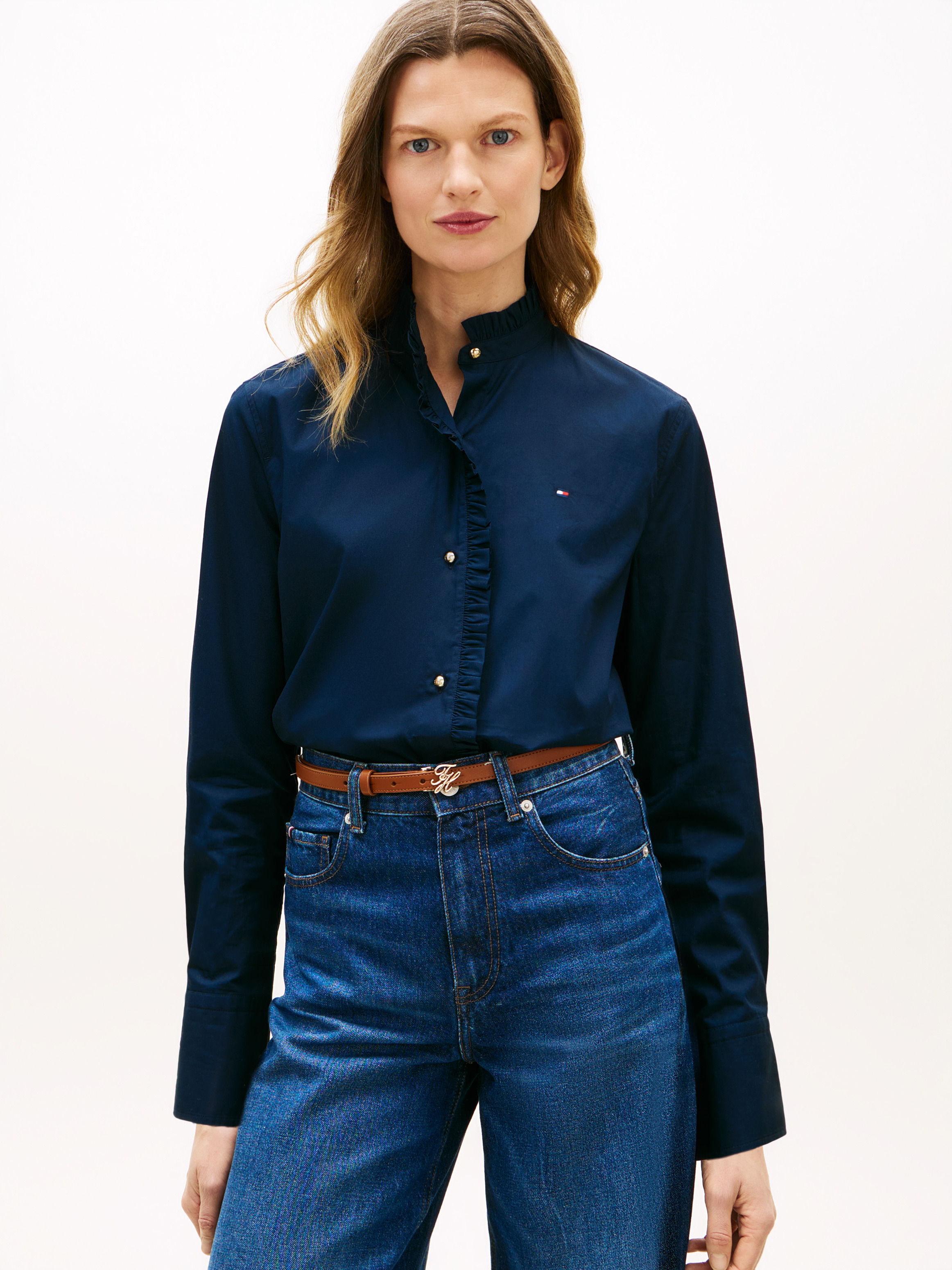 Relaxed Fit Ruffle Trim Poplin Shirt