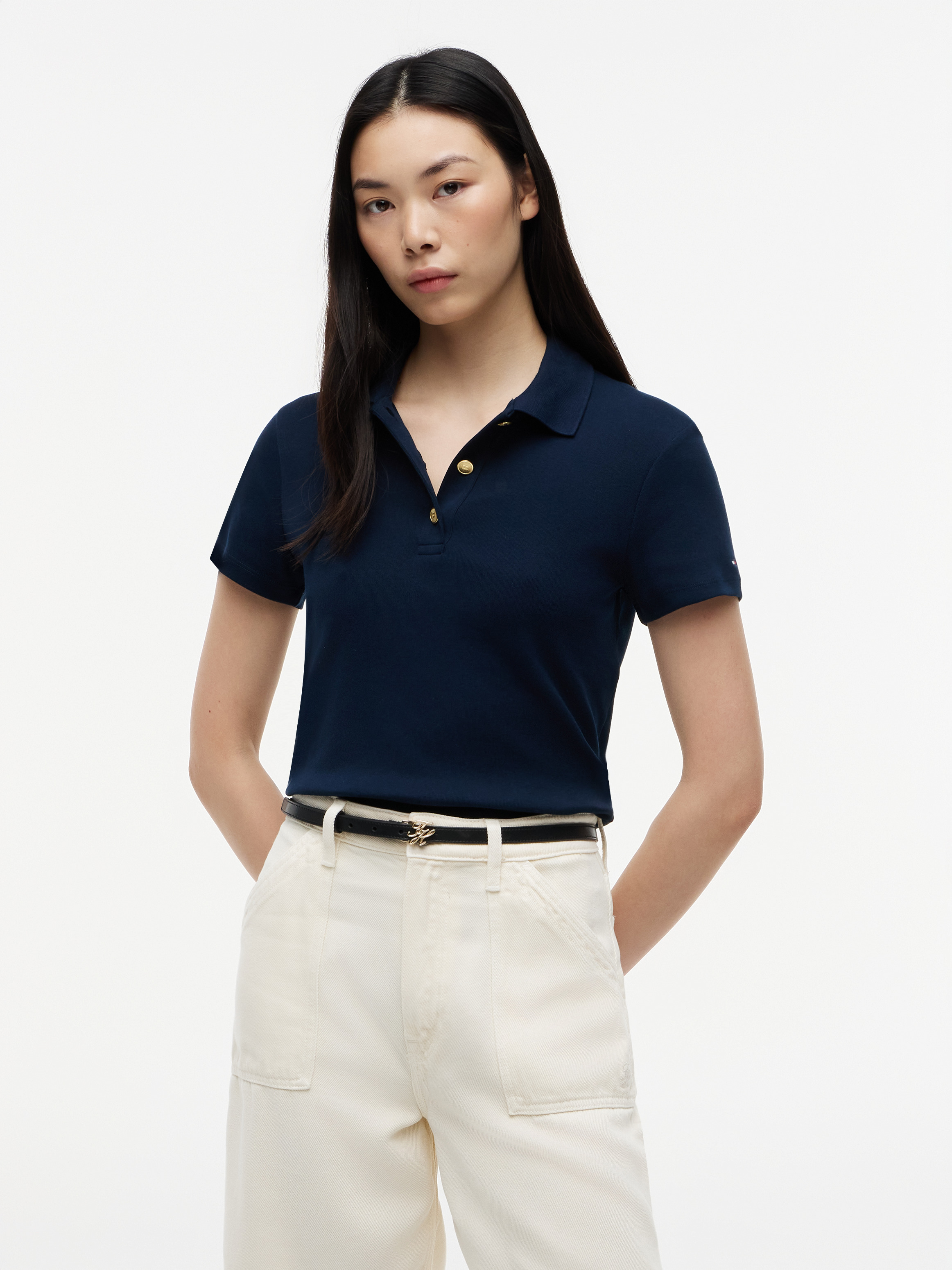 Slim Fit Gold-Tone Button Polo T-Shirt