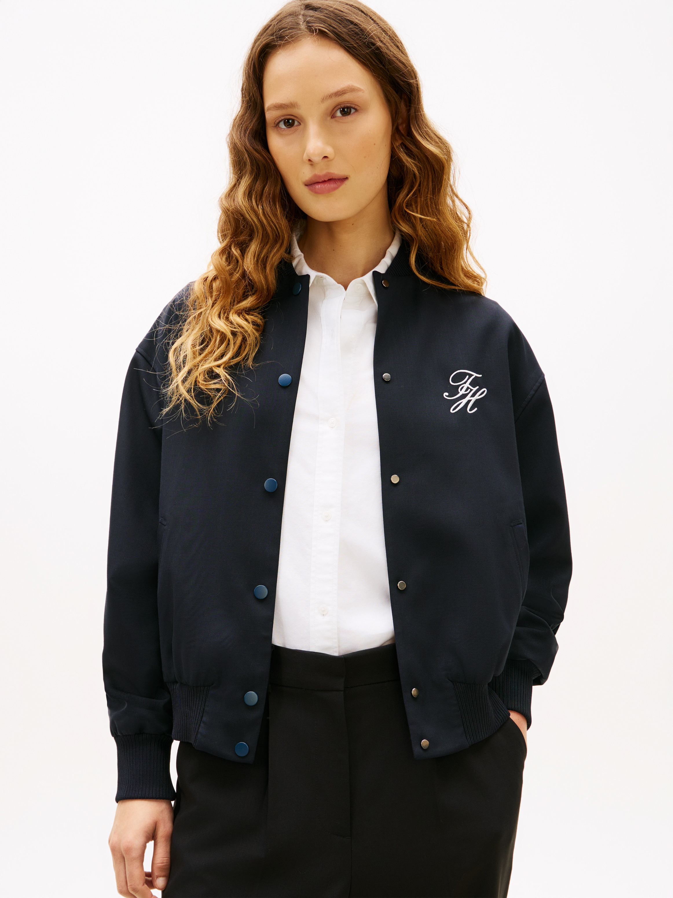 Timeless Wool Blend Relaxed Bomber Jacket — Blue
