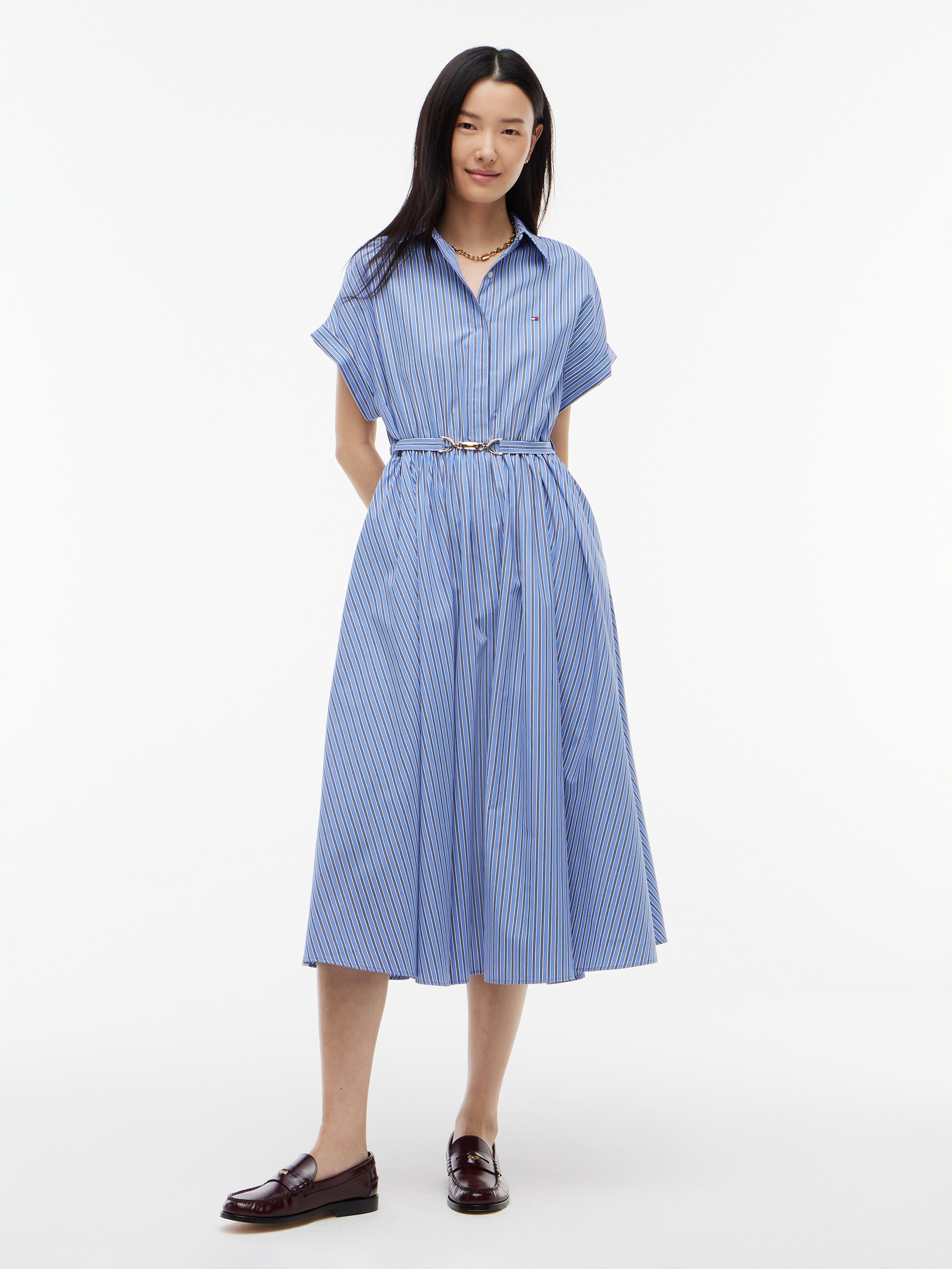 Belted Slim Midi Shirt Dress — Blue