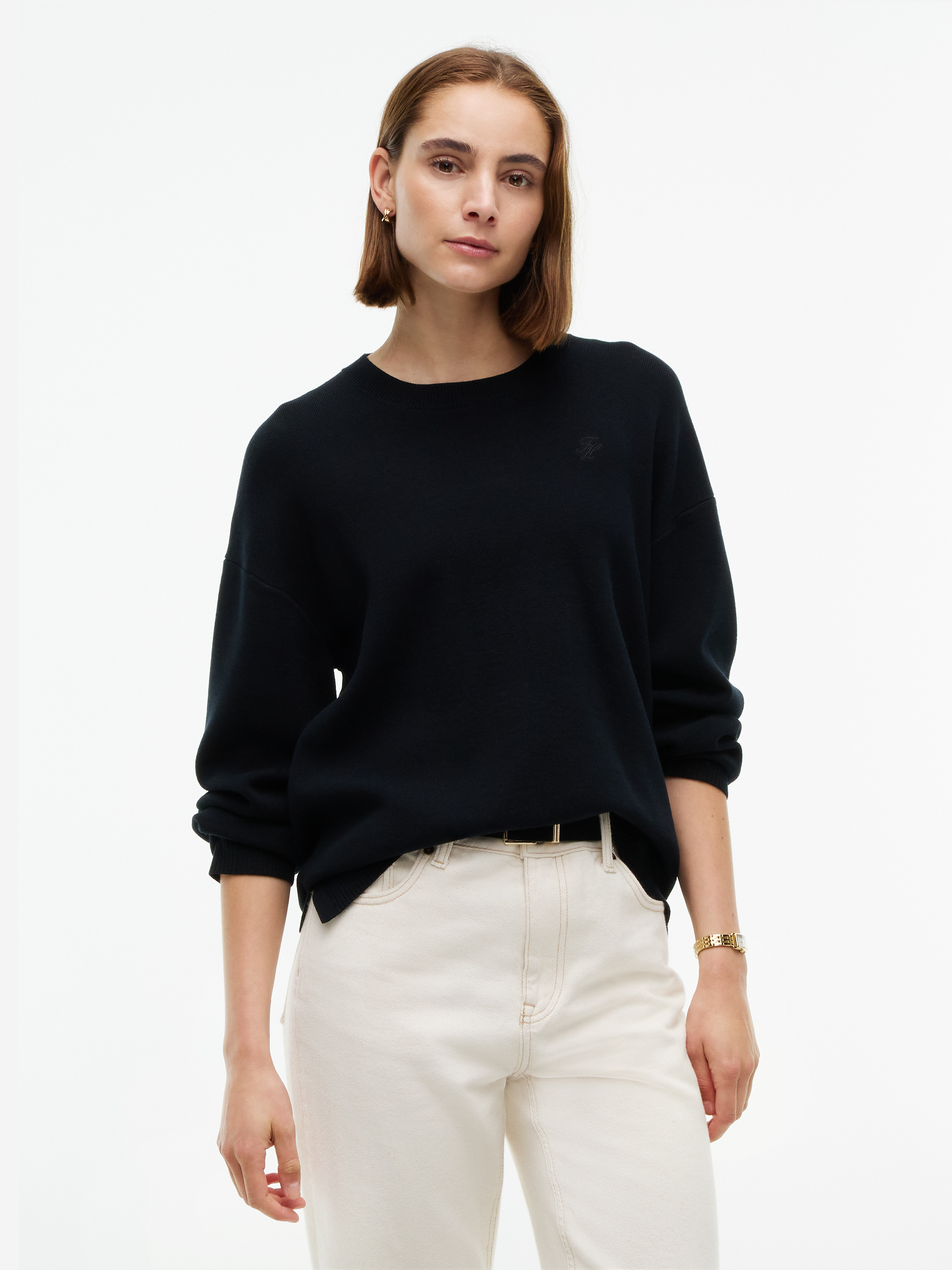 Travel Crew Neck Jumper With Silk — BLACK