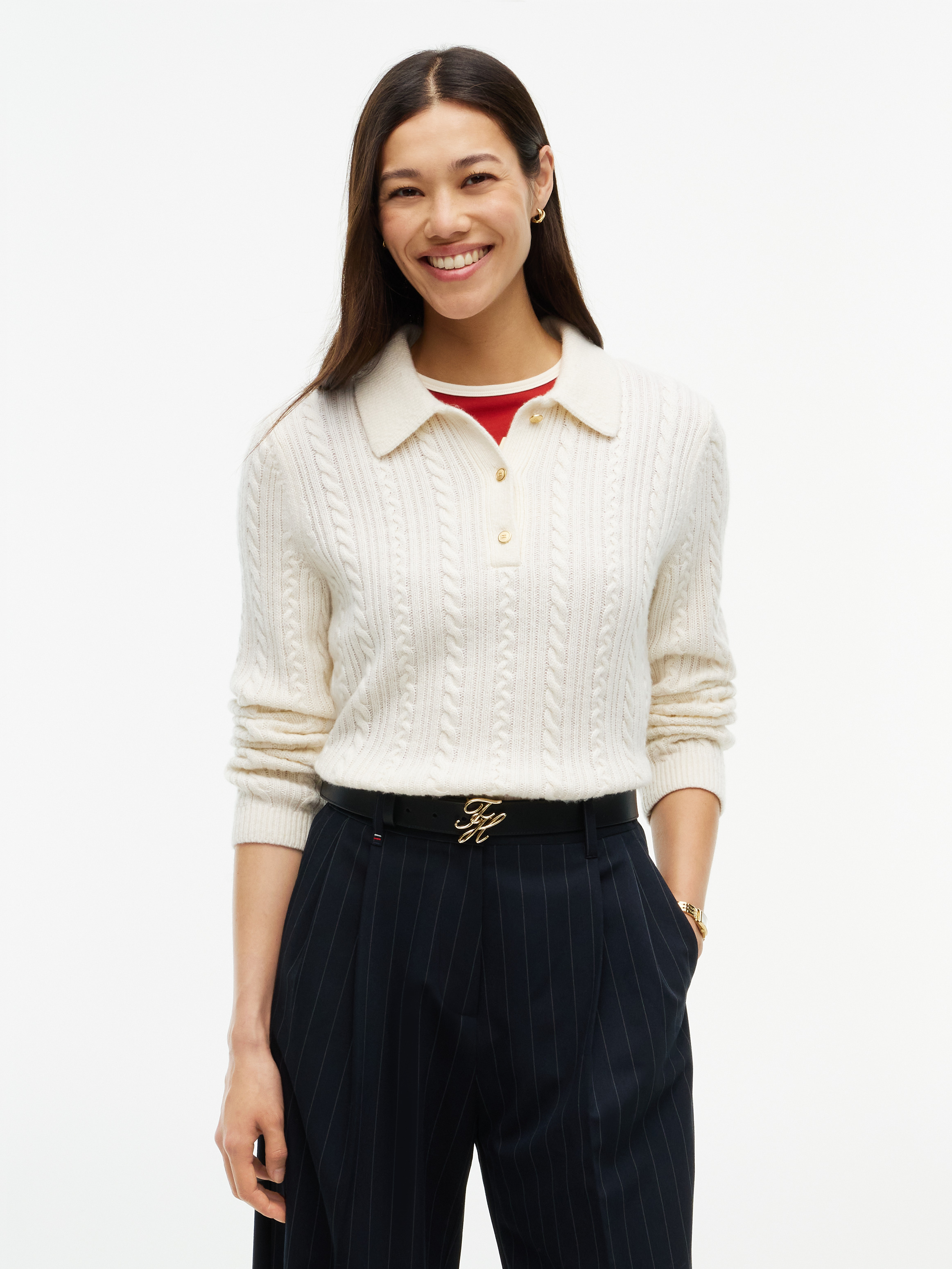 Wool Blend Cable Knit Polo Jumper — Ivory Petal