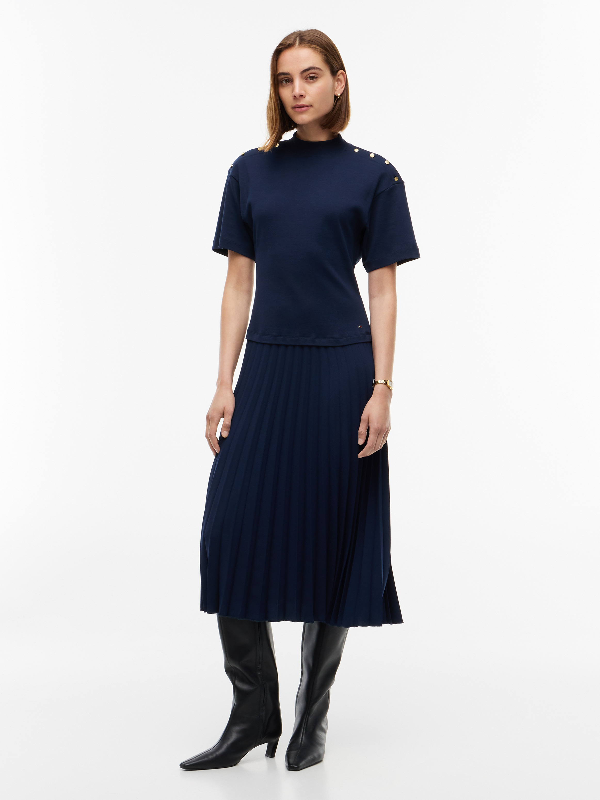 Gold-Tone Button Mock Neck Pleated Dress — Blue