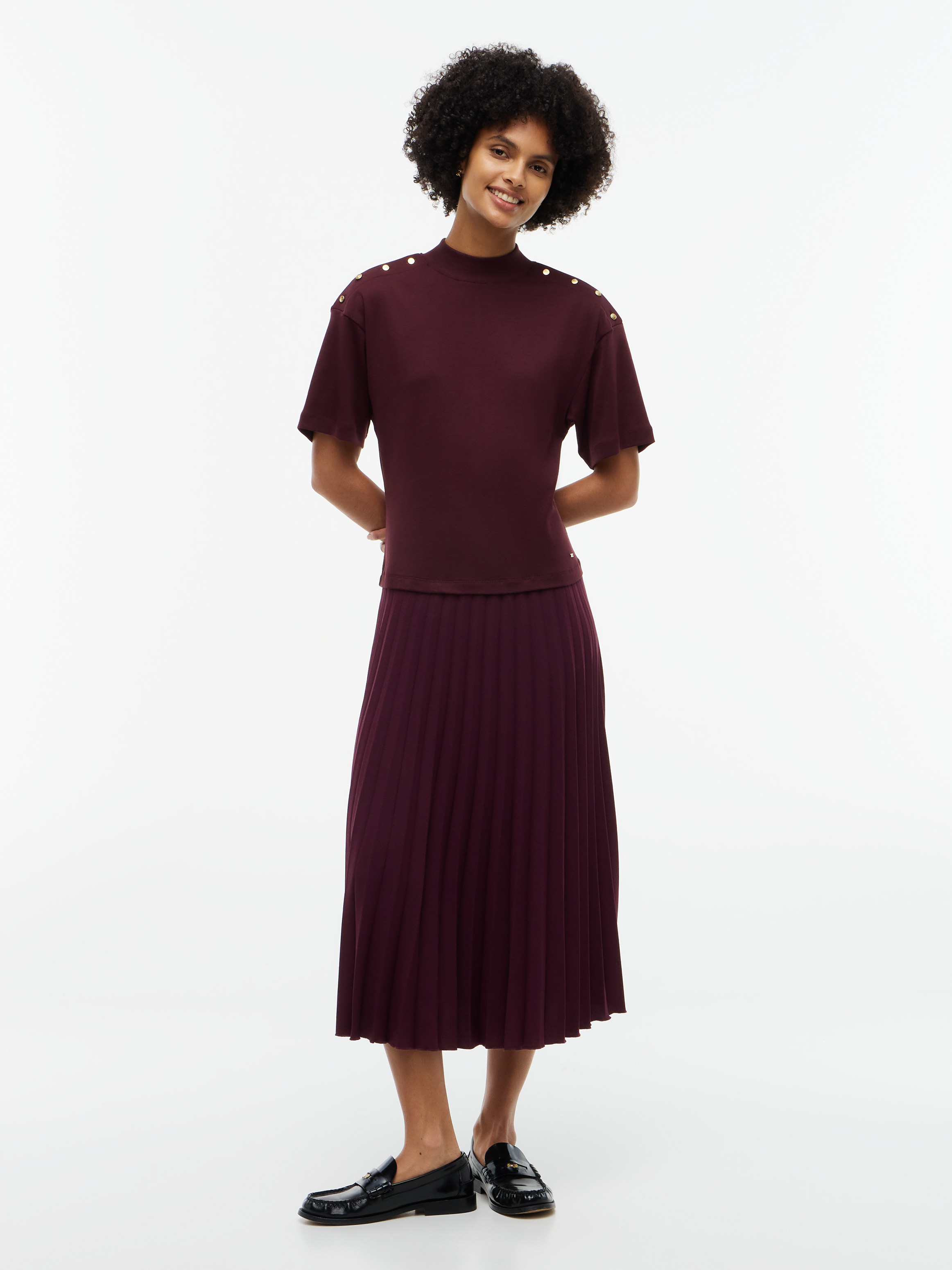 Gold-Tone Button Mock Neck Pleated Dress — BURGUNDY