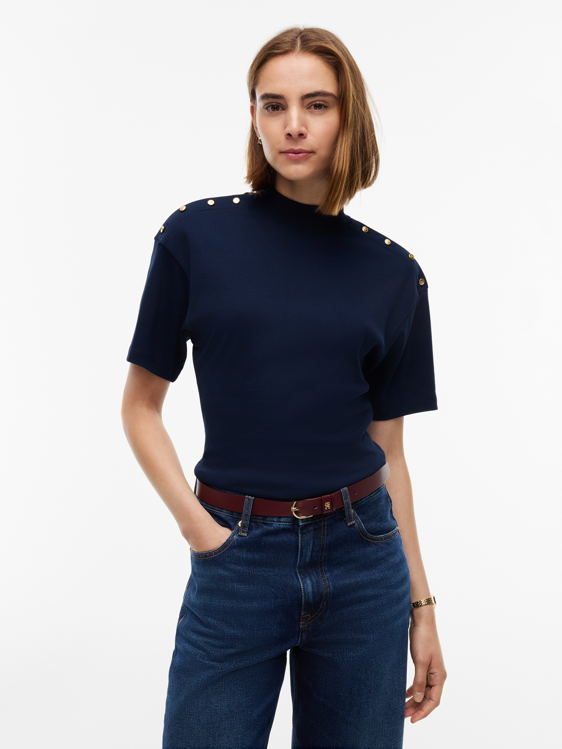Gold-Tone Button Mock Neck T-Shirt — Dark Blue