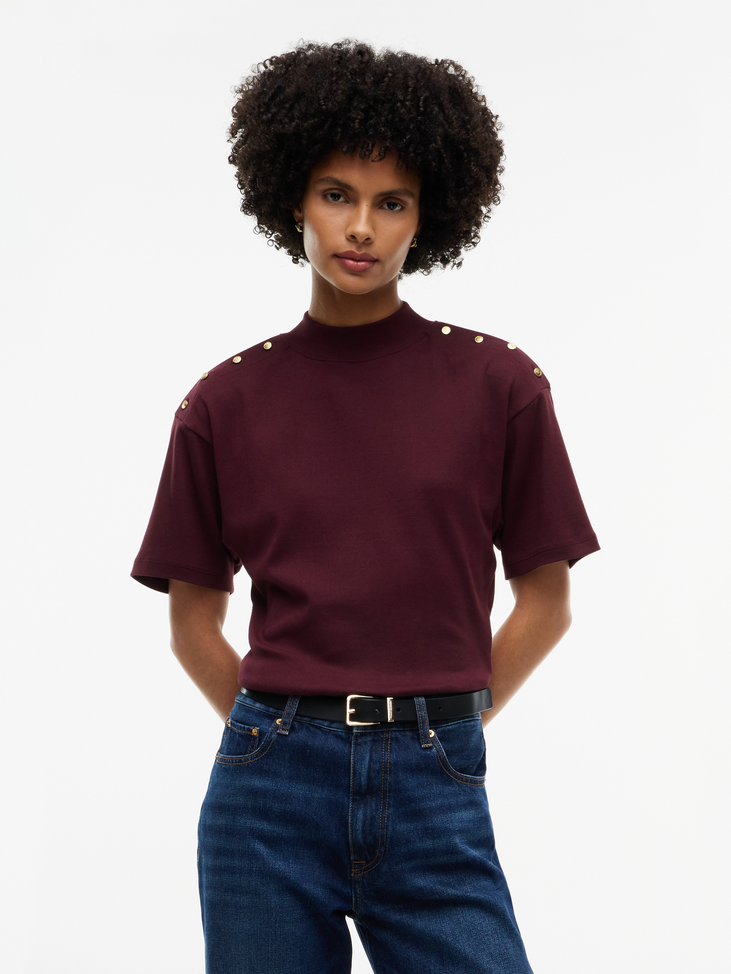 Gold-Tone Button Mock Neck T-Shirt — Burgundy