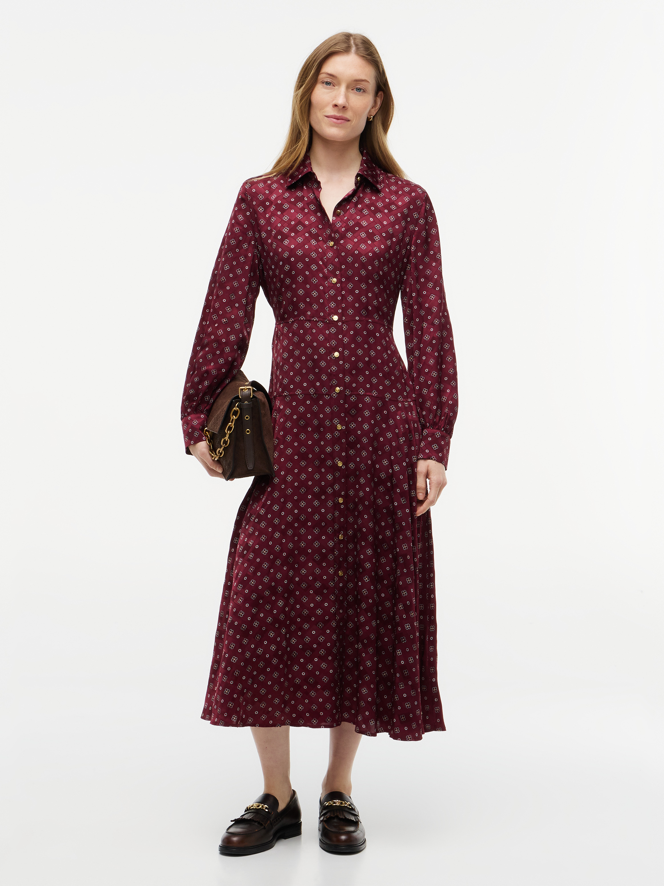 Jacquard Midi Shirt Dress — Red