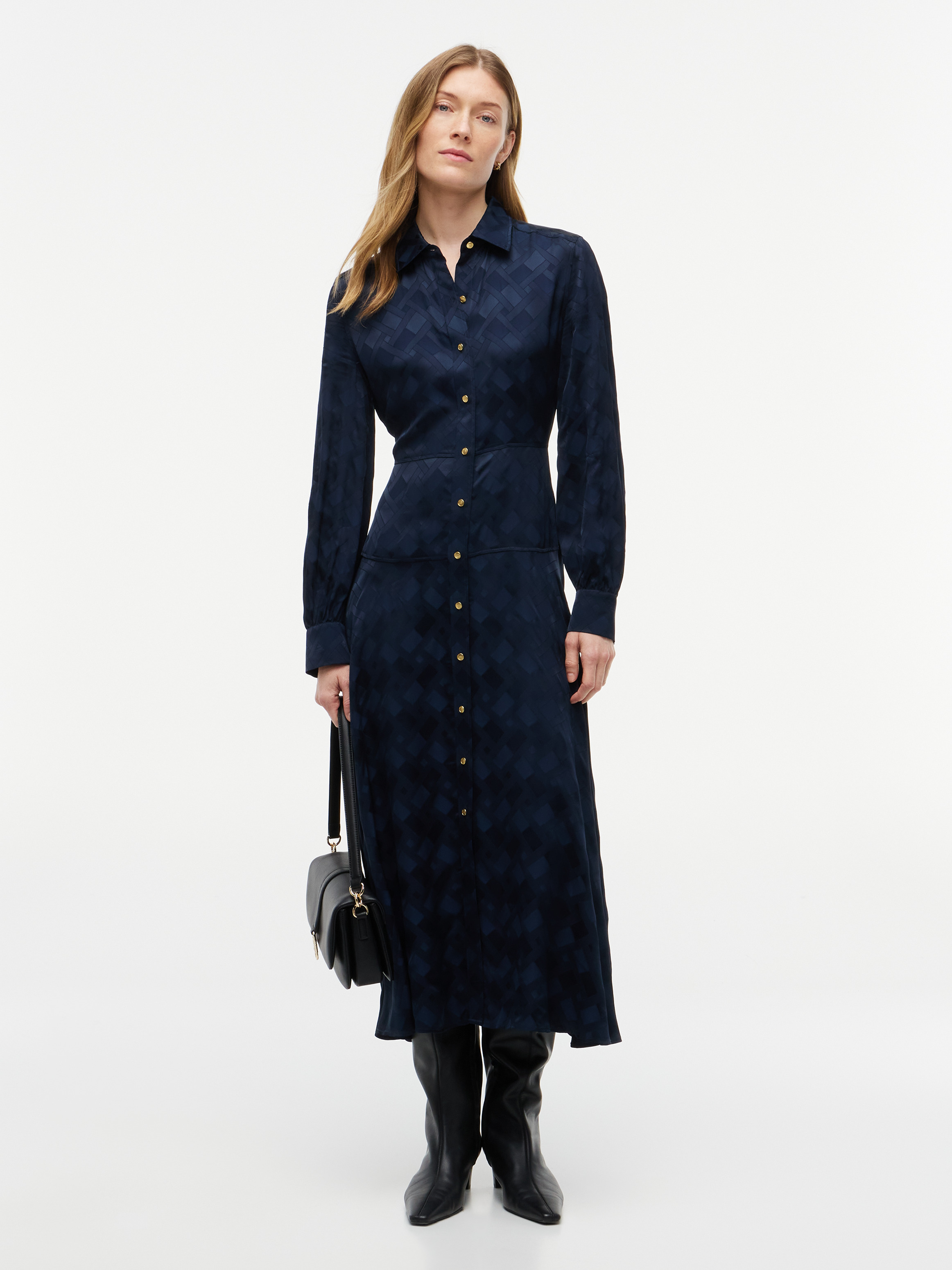 Jacquard Midi Shirt Dress — Dark Blue